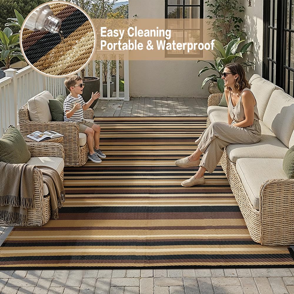 WondRg Outdoor Plastic Straw Rug Waterproof Patio 6x9 Brown Black Stripe Mat for Porch Camping RV Balcony Deck Courtyard Reversible Lightweight Durable Portable Carpet