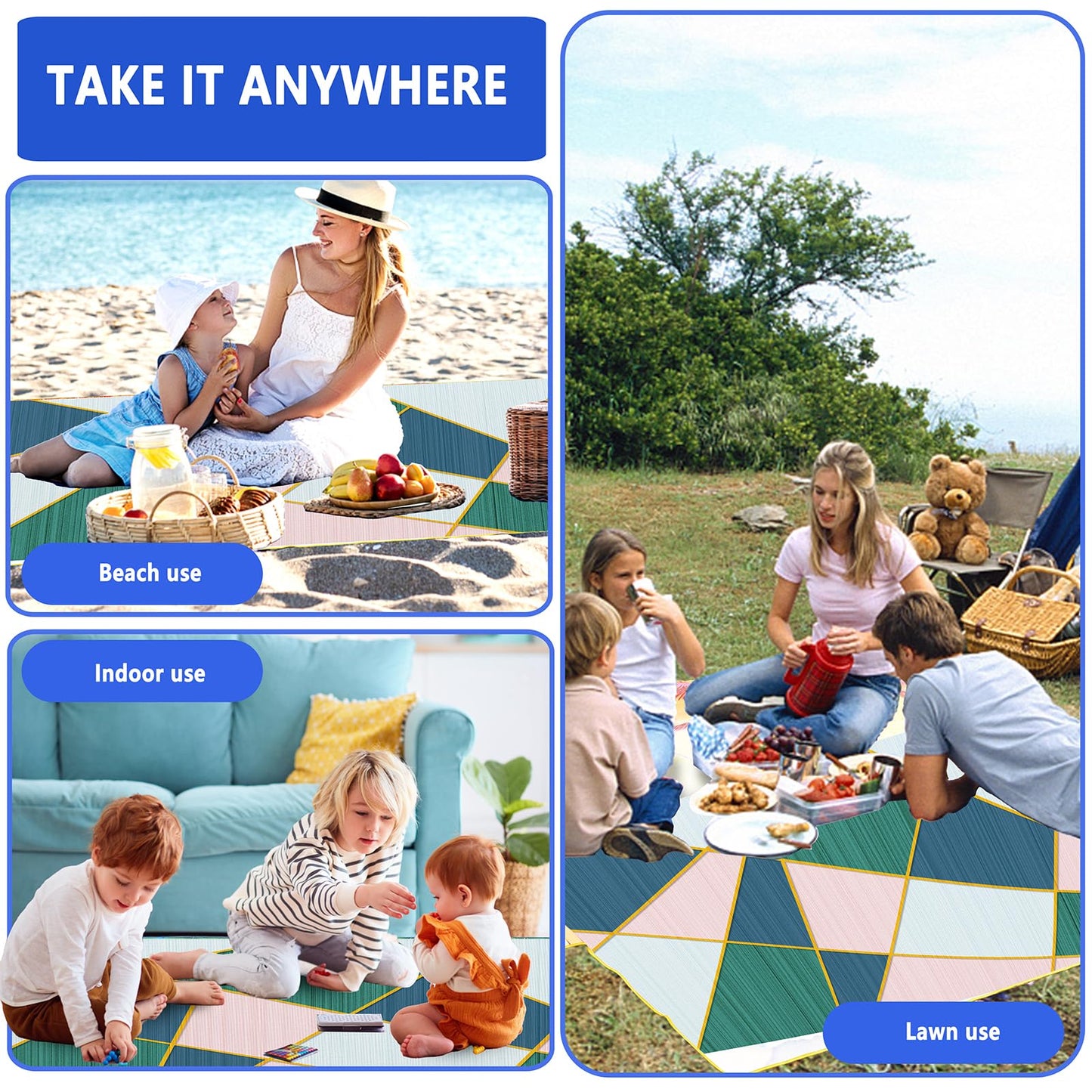 DanCoom Picnic Blanket, Foldable Waterproof Sand Mat, Extra Large Picnic Blanket Outdoor Picnic Mat Beach Blanket for Park Grass Camping Hiking Travel Family Concerts
