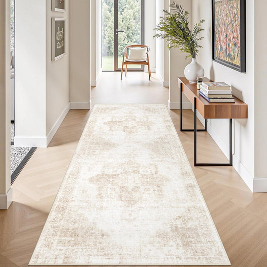 VECARF Runner Rug 2x6 Washable Rug, Vintage Boho Medallion Hallway Runner Non-Slip Soft Low Pile Distressed Floor Carpet Retro Doormat for Kitchen Bedroom Laundry Entryway Bathroom (Beige, 2'x6')