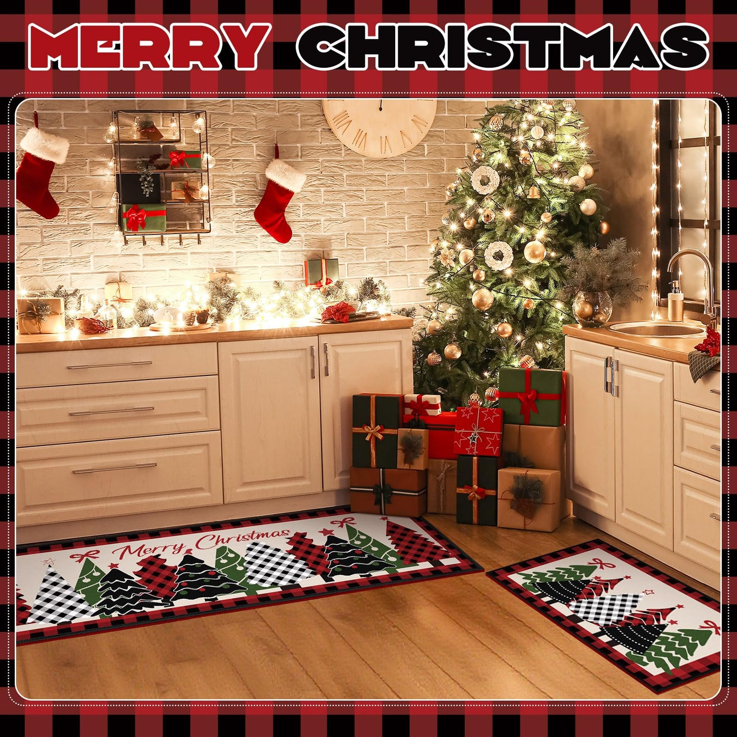 Tinideya 3 Pcs Christmas Tree Kitchen Rug Christmas Buffalo Plaid Kitchen Mats Set Xmas Tree Rugs Indoor Washable Carpet for Home Floor Winter Decor, 16 x 24 Inch and 16 x 47 Inch