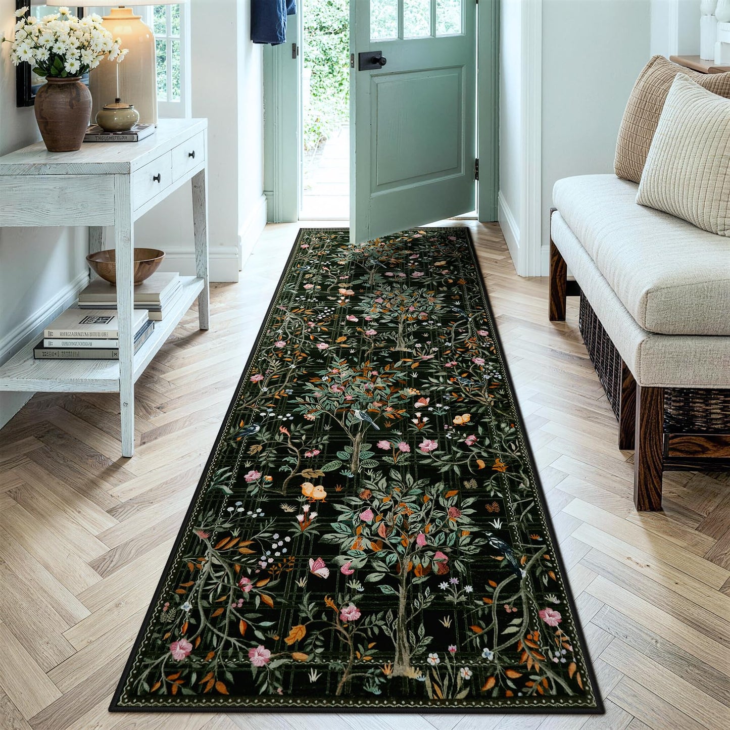 Morebes Floral Washable Rug Runners for Hallways Non Slip, Flower Kitchen Runner Rug 2x6, Boho Botanical Ultra-Thin Soft Floor Carpet for Bathroom Entryway Laundry Room, Black