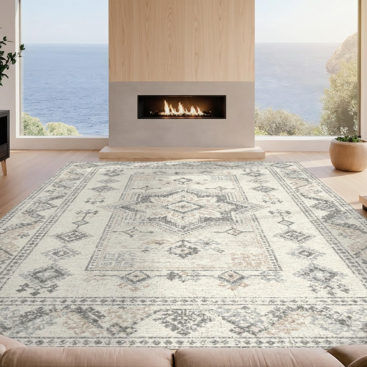 Design&I 8'x10' Washable Area Rug Traditional Medallion Centerpiece Rectangular Border Panel Design for Dining Room, Large Office, Lounge, Snag-Free Chair-Friendly Large