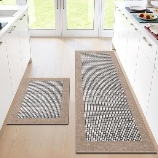 StepRite Kitchen Mats for Floor, Non-Slip Kitchen Rugs Set of 2 PCS, Super Absorbent Washable Kitchen Mats with Rubber Backing, Runner Mats for Front of Sink (20"x32"+20"x60" Khaki)