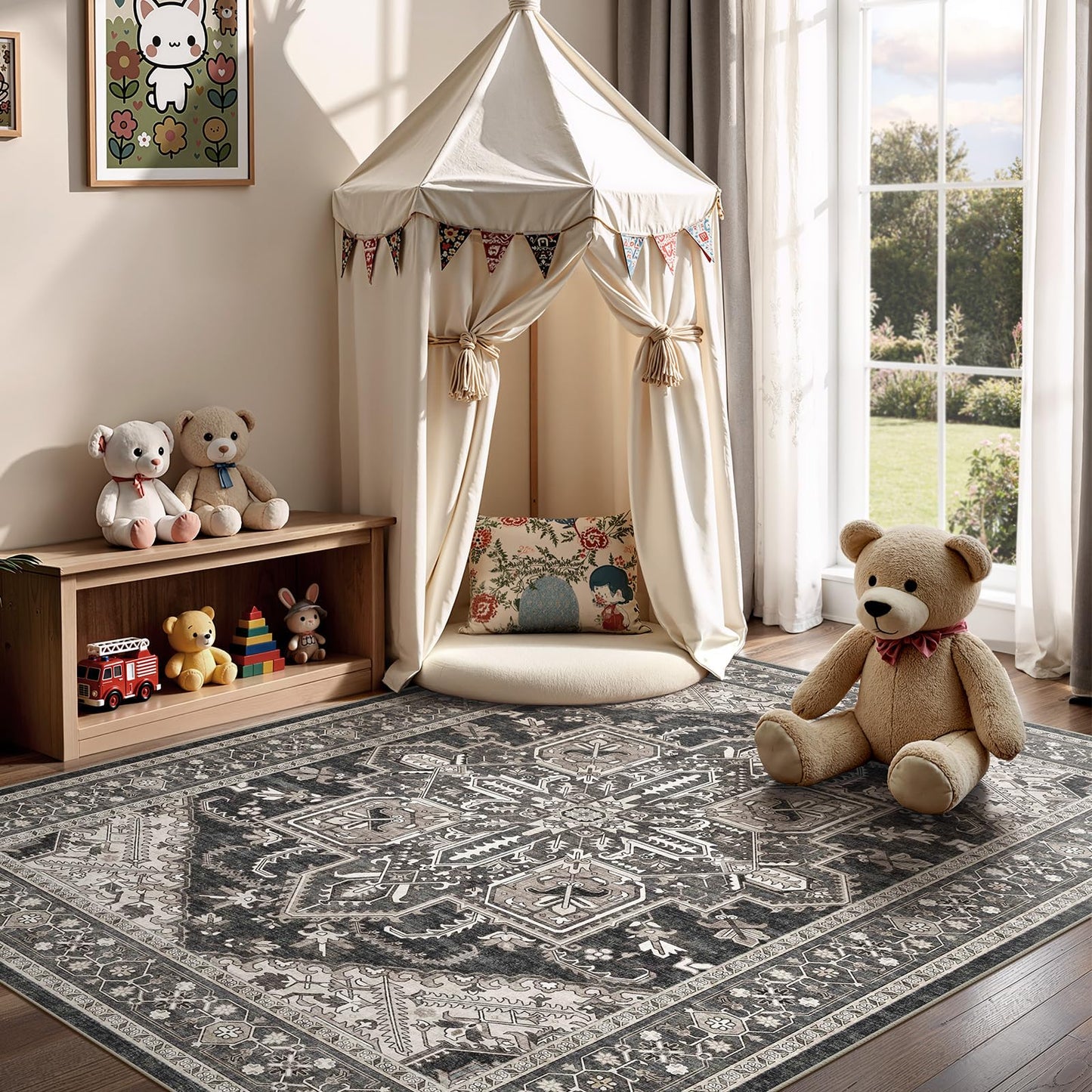WITSHOCK Living Room Area Rugs 8x10: Washable Rug Boho Soft Non-Slip Low Pile Stain Resistant Foldable Carpet for Bedroom Playroom Dining Room Office Kitchen Farmhouse Home Decor Rug-Bitter Black