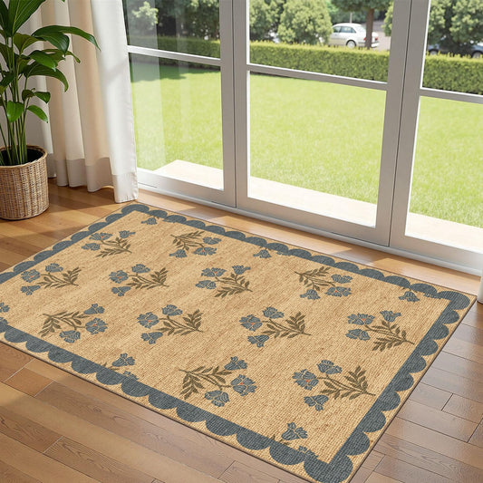 Othilic 3x5 Floral Entry Rug - Small Washable Indoor Outdoor Mats for Front Door Non-Slip Jute-Look Porch Rug Boho Blue Scalloped Throw Rugs for Living Room Bedroom Entryway Kitchen Office Porch Decor