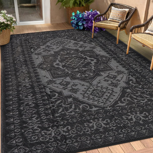 Garvee 9x12 Outdoor Rug Waterproof Reversible Mat Vintage Medallion Patio Rug with 4 Stakes Portable Outdoor Straw Plastic Area Rug for Camping Porch Deck Rv Balcony Backyard Beach, Black&Grey