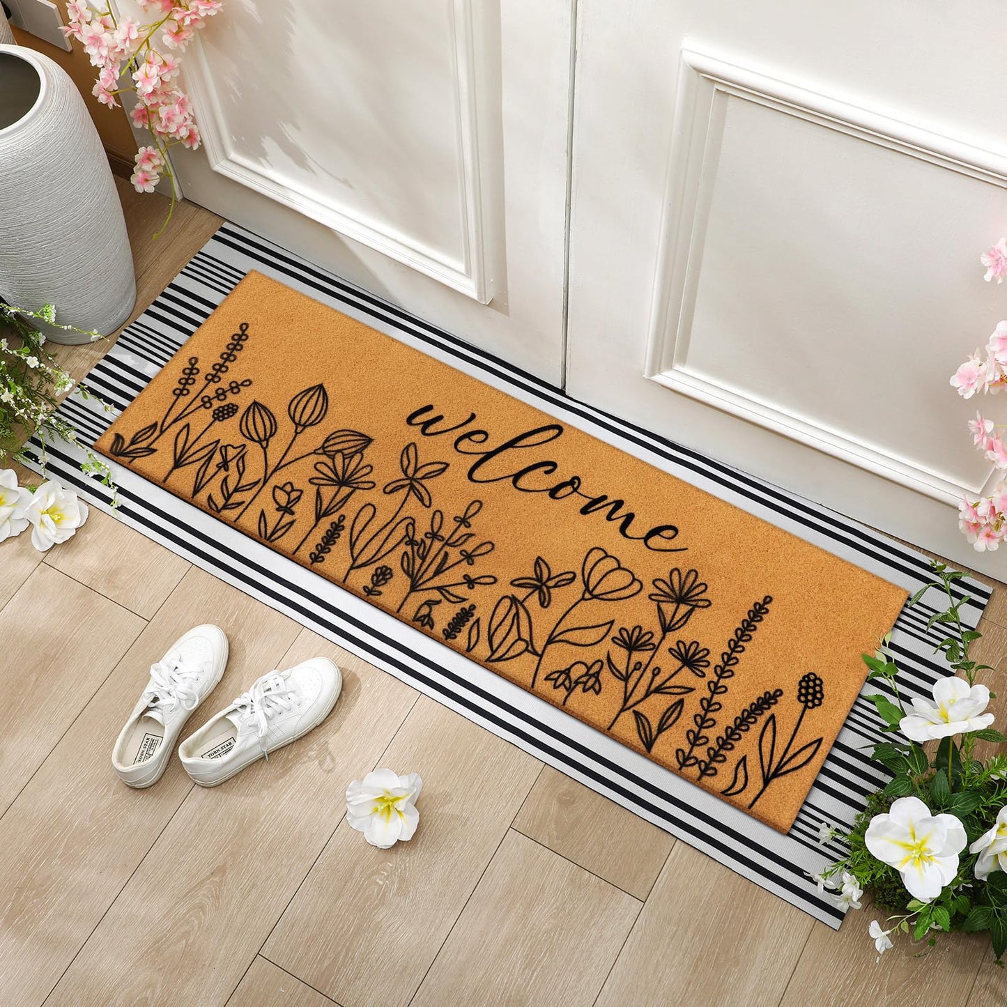 Tinideya 2 Pcs Summer Door Mat 17"x47" Wildflowers Welcome Non Slip Spring Coir Mats Black White Plaid Large Floor Layering Flowers Doormats for Front Porch Entryway Decor