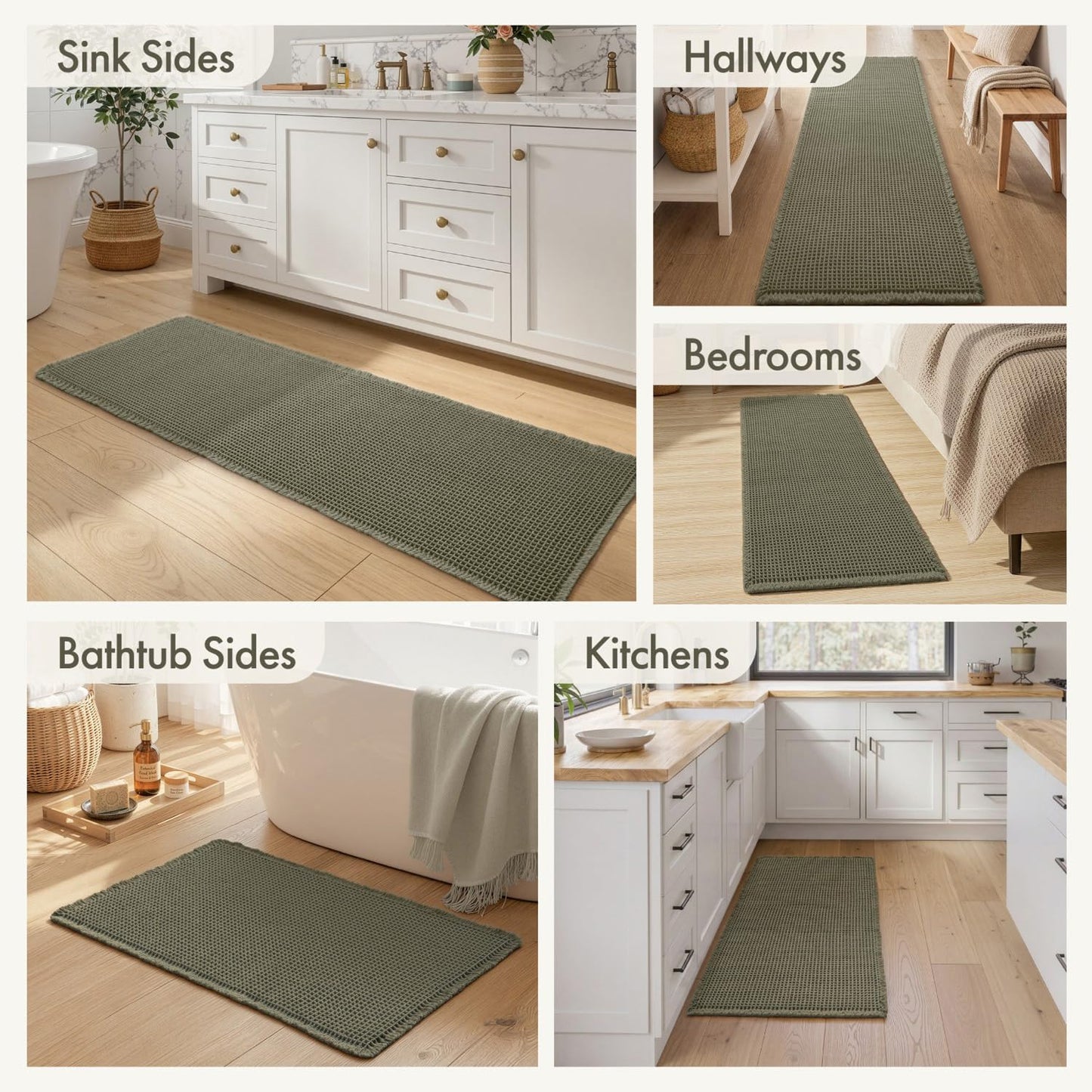 MIULEE Waffle Bathroom Runner Rugs, Super Absorbent Non Slip Bath Rug, Upgraded Soft Quick Dry Washable Boho Long Bath Mat with Tassels for Hallway Laundry Room Bedroom, 2'x6' (24"x72"), Green