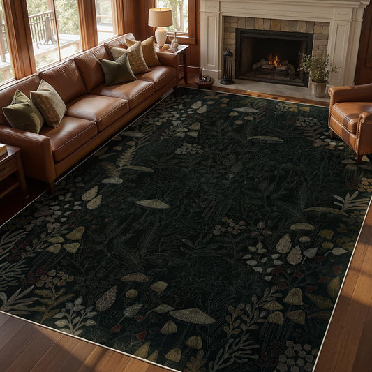 Joydeco Mushroom Washable 8x10 Area Rugs for Living Room, Boho Floral Bedroom Rug Non Slip, Soft Botanical Low-Pile Floor Indoor Throw Carpet for Dining Dorm Home Office, Black-Brown