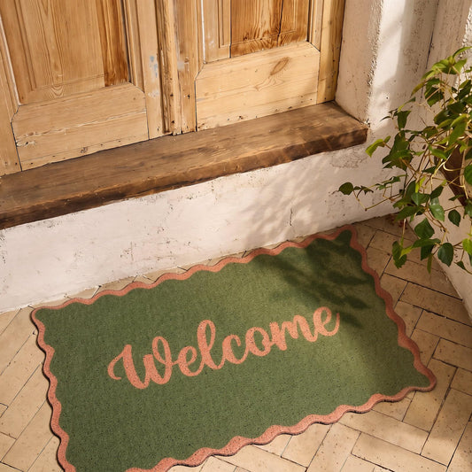 Klyyo Clyro Scalloped Welcome Doormat Olive Green PVC Coil Front Door Mat with Rubber Backing 29.53 x 17 Inch Non Slip Washable Indoor Outdoor Entry Rug for Farmhouse Porch Decor Housewarming Gift