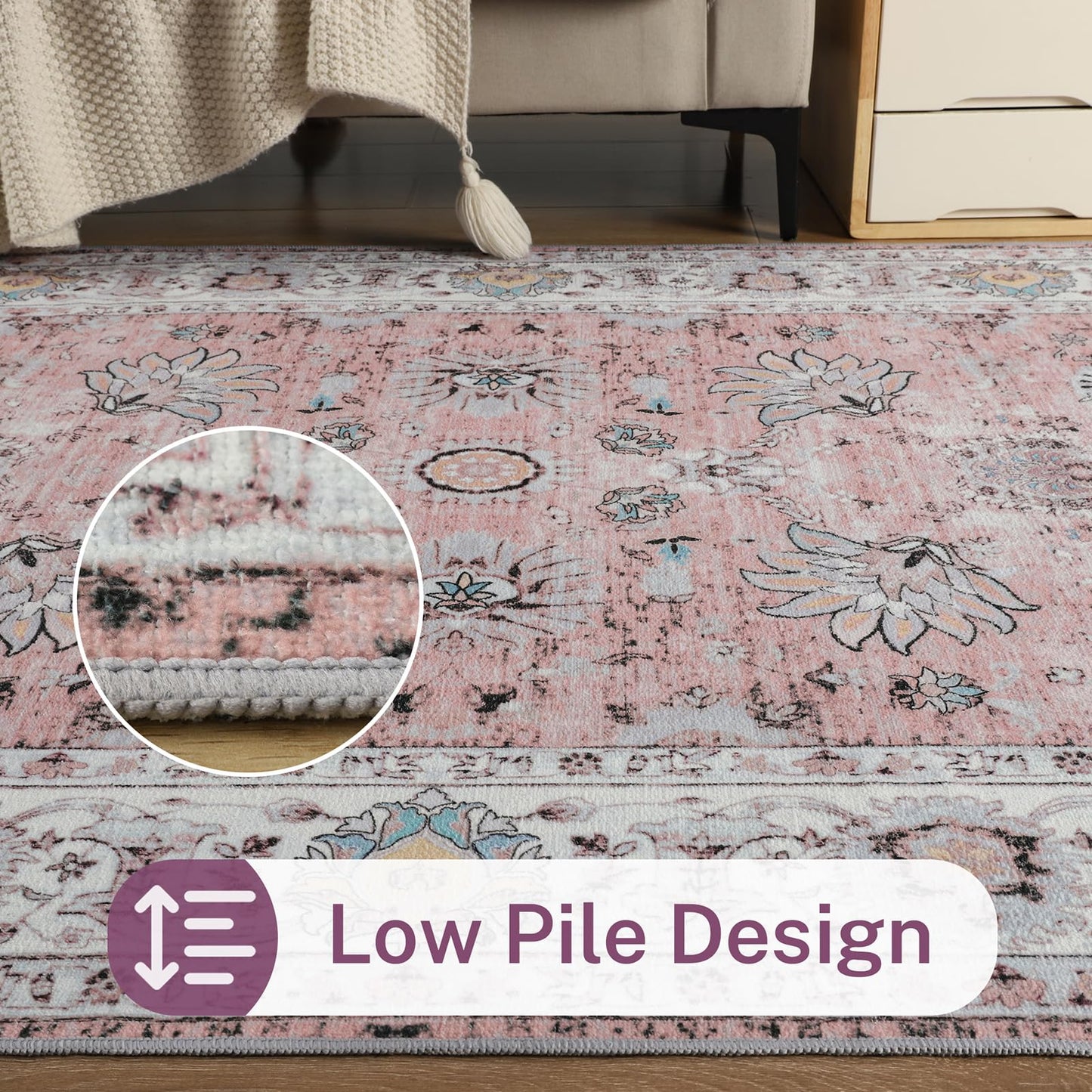 Runner Rug for Kitchen Hallway 2x6 Washable Non-Slip, Soft Boho Floral Carpet Low Pile Vintage Long Kitchen, Bedroom, Laundry, Bathroom, Living Room Rugs (Pink)