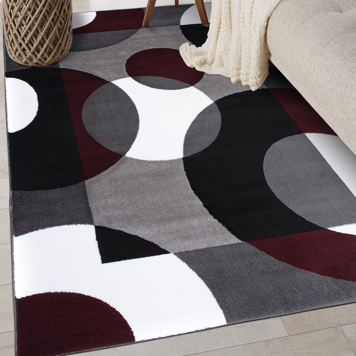 Rugshop Burgundy Modern Geometric Area Rug, Overlapping Circles, Non-Shedding, Statement Accent for Bedroom, Home Office and Small Living Room, 3'3" x 5'