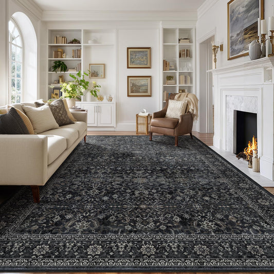 Jainmy Vintage Dark 8x10 Area Rugs for Living Room, Retro Earth Tone Carpet Rug for Bedroom Dining Room, Low Pile Thin Washable Non Slip Room Carpet Rug for Home Office Guest Room Family Room
