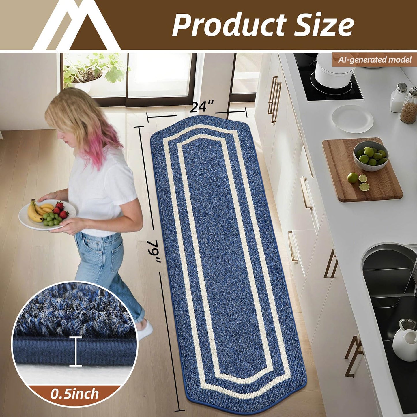 COSY HOMEER Long Kitchen Floor Mats for in Front of Sink Super Absorbent Kitchen Rugs and Mats 24"x79" Non-Skid Kitchen Mat Standing Mat Washable,Polypropylene,Blue,Frame