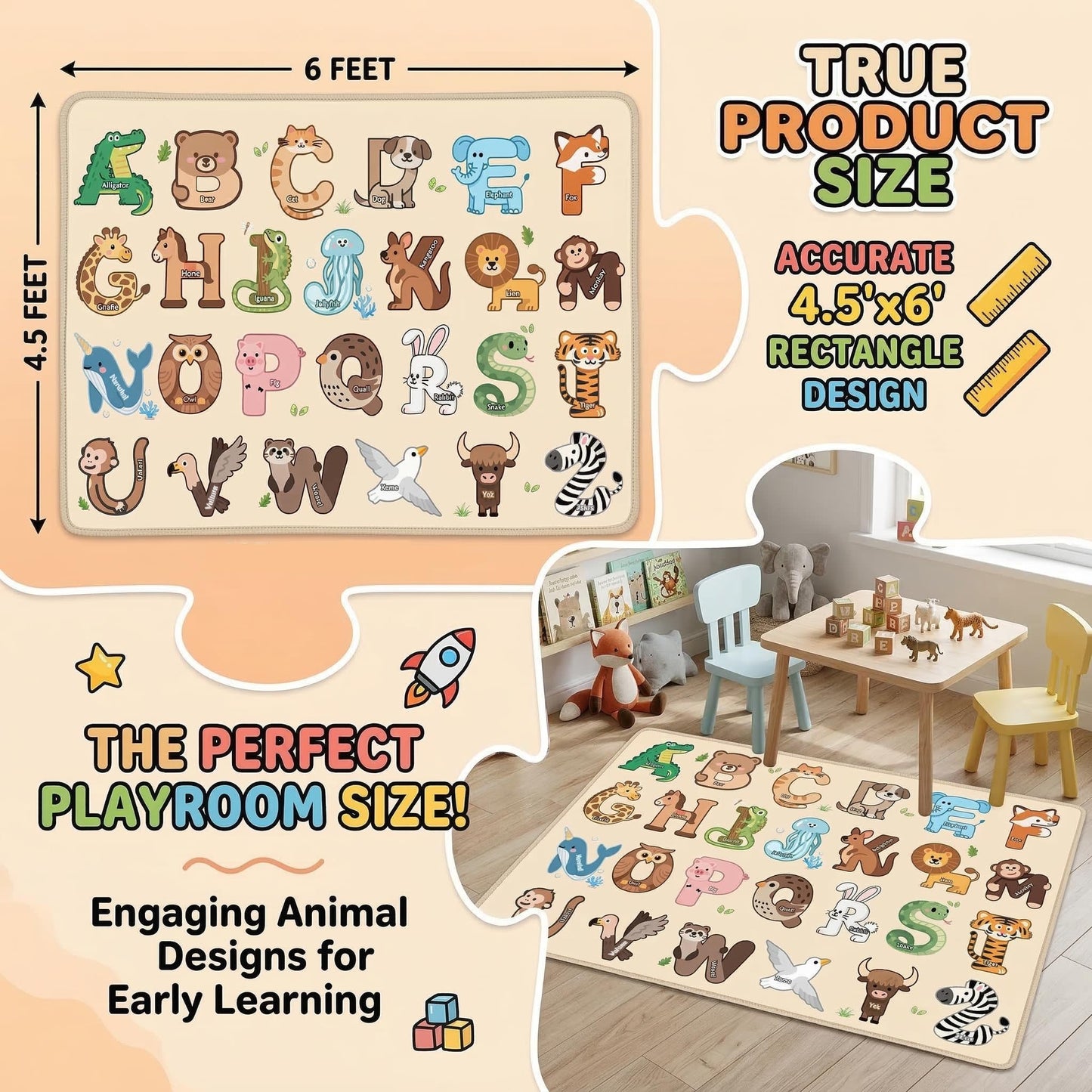 ABC Rugs for Kids Playroom - 4.5x6 Feet Alphabet Rug Kids Play Carpet Preschool Learning Animals, Educational Rug for Children Toddler Bedroom Nursery Kindergarten Decor, Beige