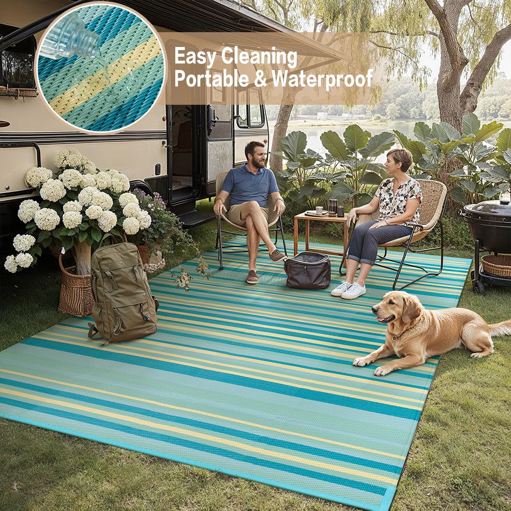 WondRg Outdoor Plastic Straw Rug Waterproof Patio 6x9 Teal Yellow Stripe Mat for Porch Camping RV Balcony Deck Courtyard Reversible Lightweight Durable Portable Carpet