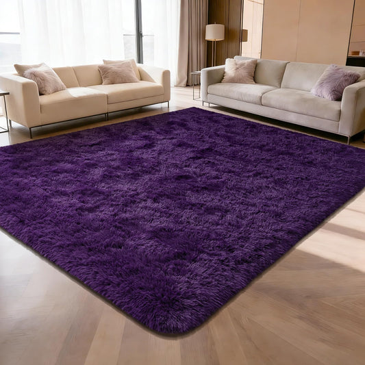 Rtizon Shag Area Rug for Bedroom, 4x6 Feet Fluffy Rugs for Girls Boy's Bed Bedside, Plush Carpet with Non-Slip Bottom for Living Room Office Dorm Nursery Room, Dark Purple