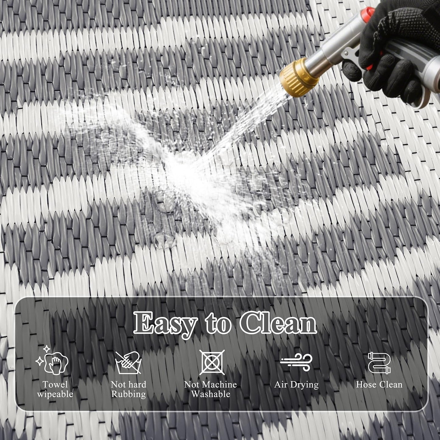 Ileading Outdoor Patio Rug Waterproof, Reversible Plastic Straw Mat, Grey Geometric Outside Carpet Quick Dry, Portable Area Rug for Deck Porch Balcony Camping RV (5×8 ft)