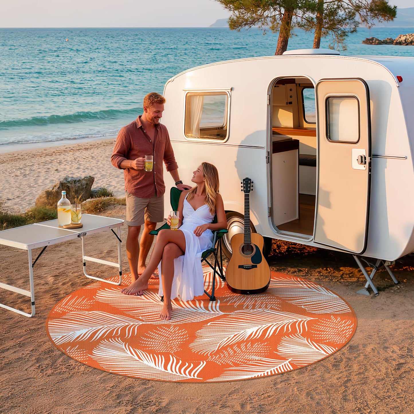 Pauwer Waterproof Outdoor Rug 8ft, Reversible Plastic Straw Patio Camping Rug, Indoor Outdoor RV Mat Carpet for Deck, Camper, Porch, Balcony, Backyard, Picnic, Leaf Orange