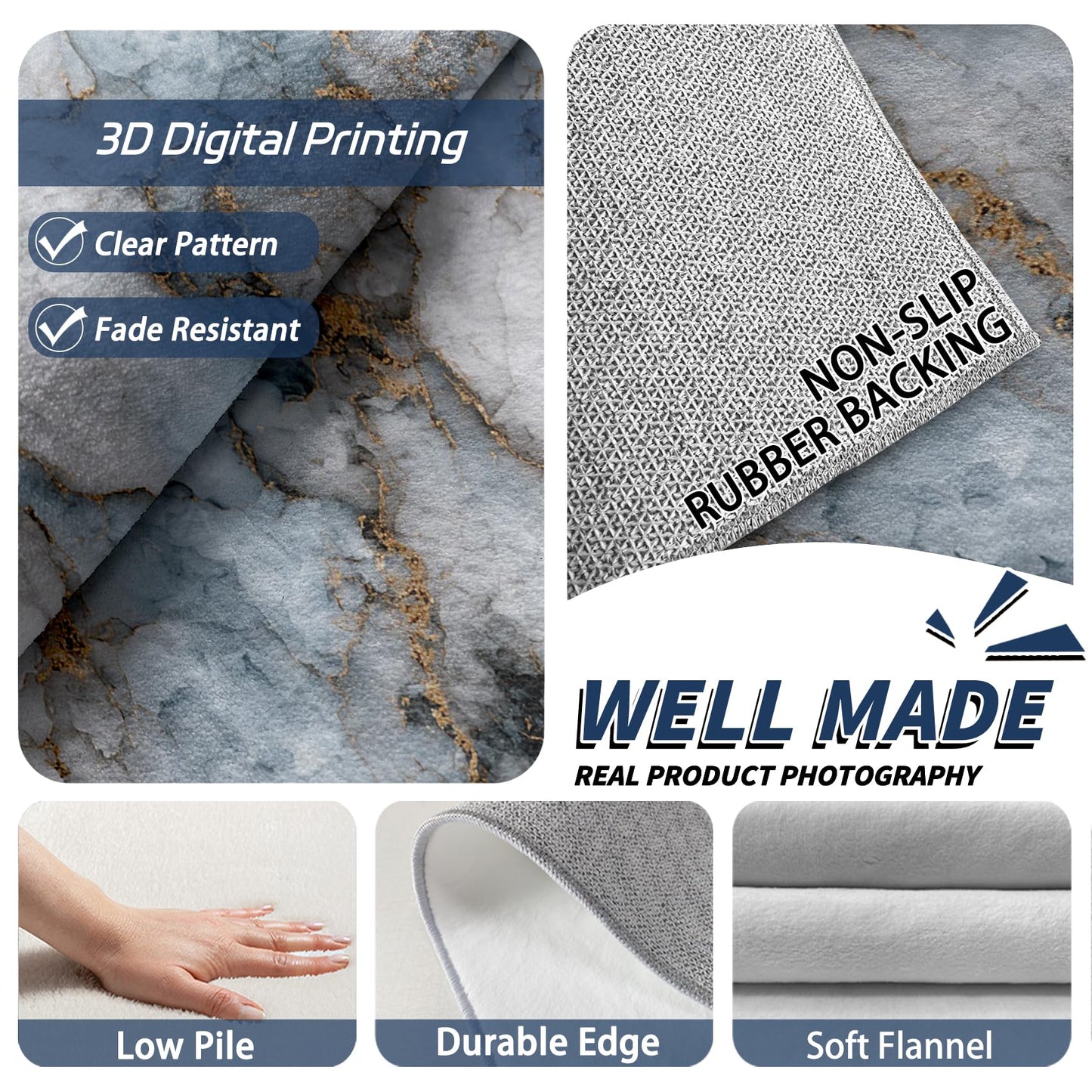 Aquailis Marble Rugs for Living Room - 2x3 Rug, Blue White Gold Marble Area Rug, Modern Abstract Washable Non Slip Soft Rugs, Luxury Agate Carpet, Contemporary Home Decor, Modern Gifts for Women