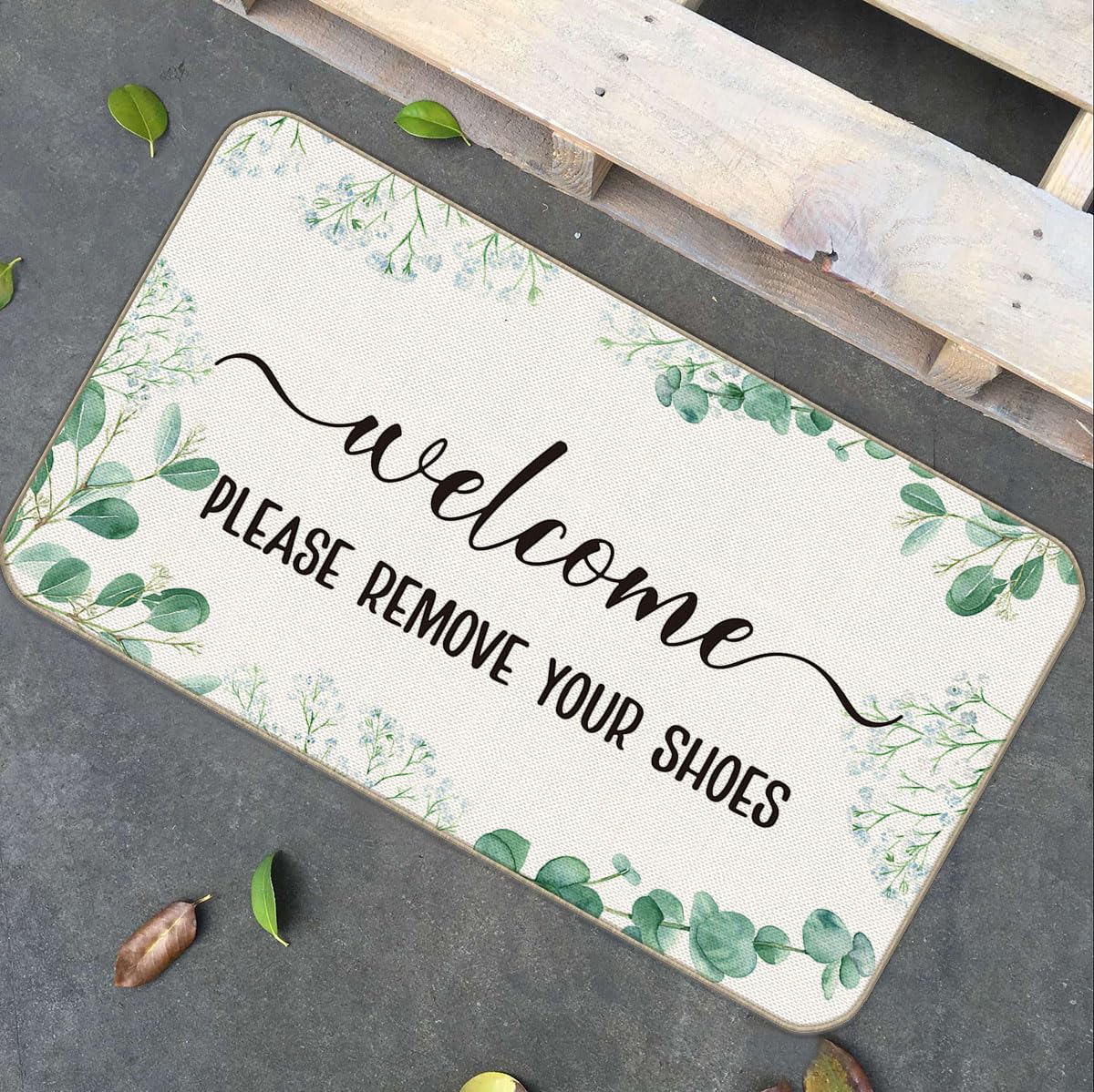 huester Welcome Please Remove Your Shoes Door Mat,17"X30" Decorative Home Indoor Outdoor Patio Entry Rug Front Door Mat,Botanical Plant Eucalyptus Leaves Welcome Mat Decor,Housewarming Gift