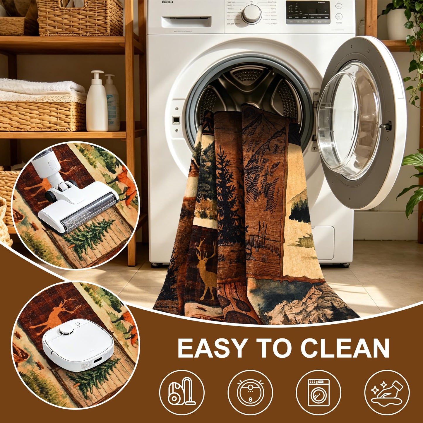 ASPMIZ 2x7 Rustic Runner Rug Non-Slip Washable — Buffalo Plaid Log Cabin Bear Deer Fox Design, Soft Faux Wool Hallway Carpet Runner for Entryway Kitchen, Brown