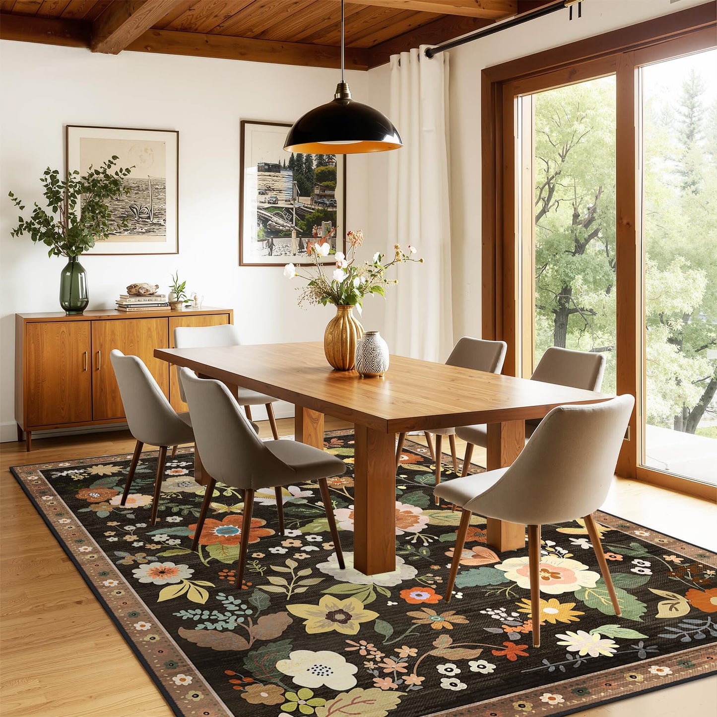 RELEANY Floral 6x9 Area Rugs Washable Print Boho Cute Carpet Non Slip Flower Low Pile for Living Room Bedroom Kitchen Office Farmhouse-Black/Yellow/Red