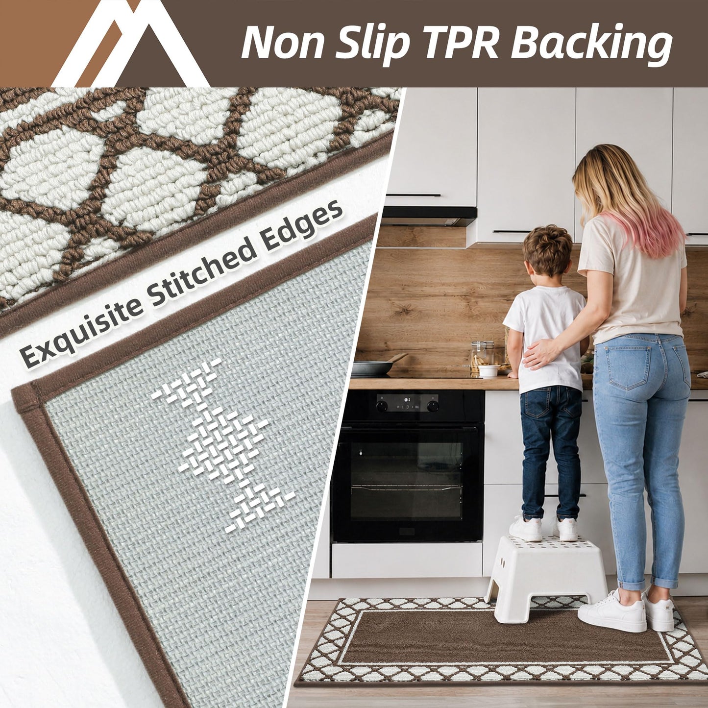 COSY HOMEER Washable Kitchen Rugs Sets of 2 Non-Slip Kitchen Mats,Browm