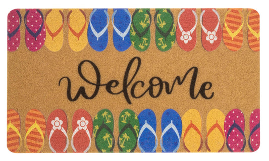 KorhLeoh Hello Summer Entrance Welcome Doormat - Flip Flops Decorative Non-Slip Seasonal Coir Doormat for Indoor Outdoor 17" X 29"