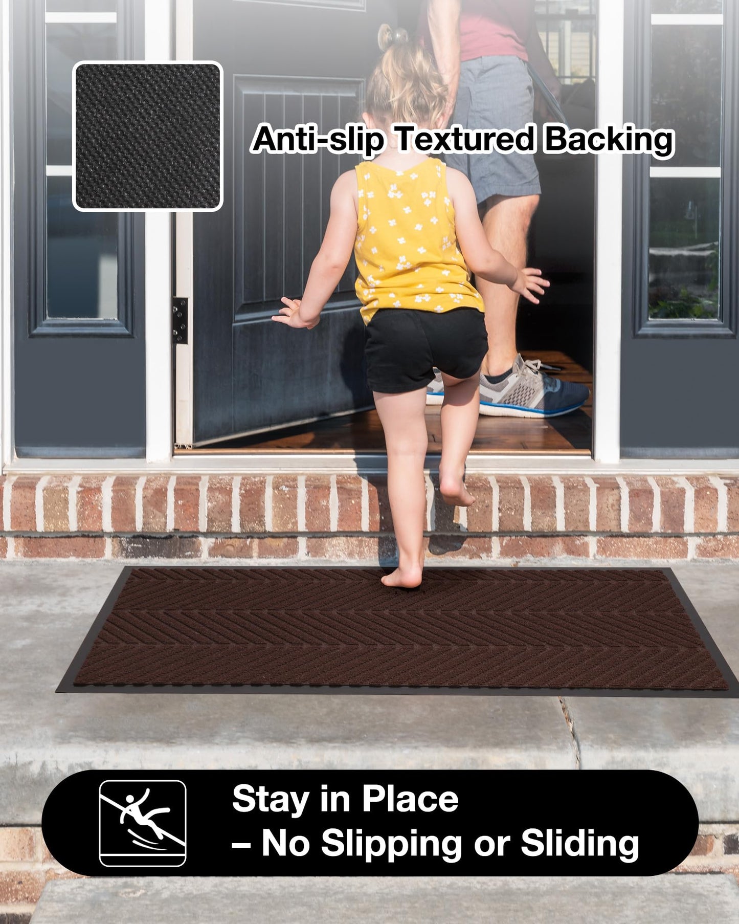 5′ x 7′ Heavy Duty Front Door Mat Indoor Outdoor Entrance, Easy Clean Non-Slip All Weather Commercial Floor Mat for Entryway, No Curling Waterproof Vinyl Welcome Mat (Dark Brown)