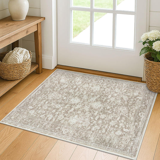 KILOCOCO Small Area Rug 2x3 Entryway Rugs Printed Vintage Floral Washable Rug Non-Slip Kitchen Indoor Door Mat, Accent Throw Small Rugs for Laundry Room Bedroom Entrance, Beige