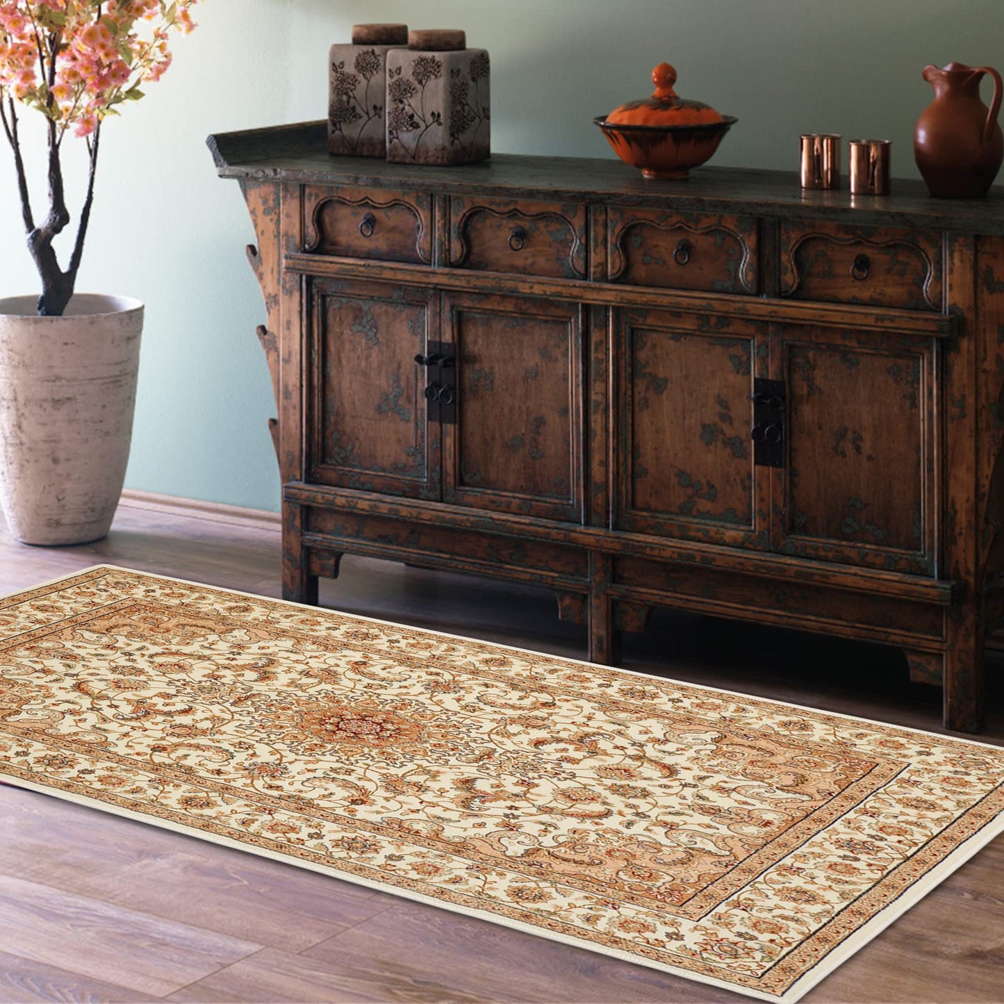 COMSLE Boho Area Rug, 2' x 4' Machine Washable Rugs for Entryway Faux Wool Small Rugs Distressed Throw Rug Non-Slip Floor Carpet for Indoor Bedroom Kitchen Living Room Cream/Beige-2