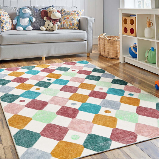 jinchan Macy 4x6 Area Rug for Kids Room Modern Colorful Checkered Diamond Nursery Rug Indoor Washable Soft Non Slip Carpet for Playroom Classroom Bedroom Dorm Daycare Living Room Confetti on Cream