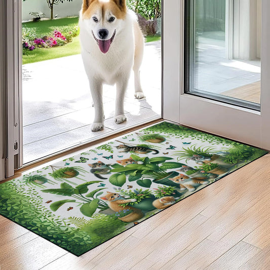 VODRM Cute Cat Indoor Door Mat,Floral Animal Floor Doormat,17x29.5in,Non Woven Non Slip Rubber Backing Hanging Potted Plant Rug for Porch Insider,Bedroom,Kitchen,Doormats Gifts,Rv Camper Decor