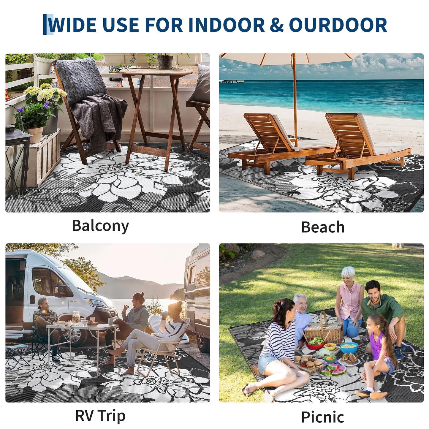 IDEALHOUSE Reversible Outdoor Rug, 320GSM Recycled Plastic Patio Rug, Lightweight Folding Camping Mat with Carry Bag and 4 Stakes, for RV, Picnic, Beach, Balcony, Black White, 9x18 ft