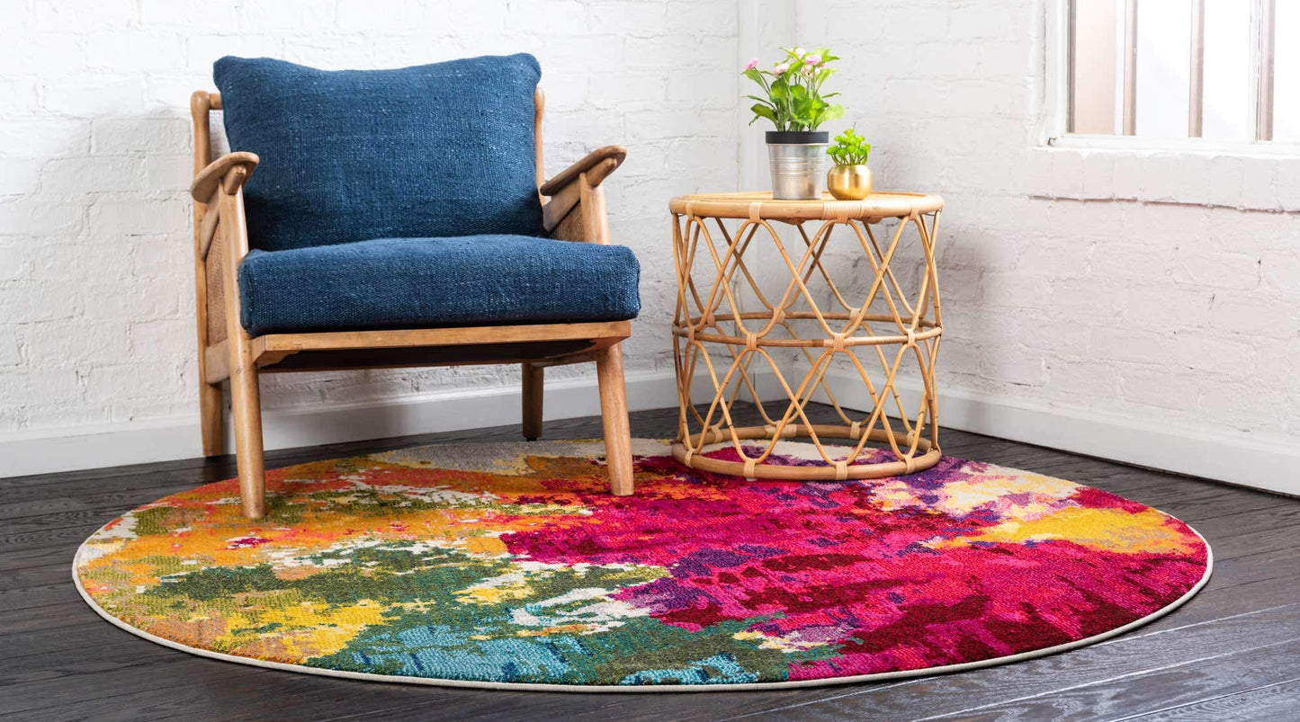 Unique Loom Estrella Collection Colorful, Abstract, Floral, Watercolors, Modern, Distressed Area Rug (6' 0 x 6' 0 Round, Multi/Pink)