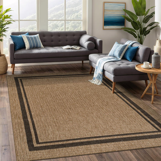 Beverly Rug Easy Jute Bordered Rug 6x9 Washable Durable Indoor Outdoor Area Rugs for Living Dining Room Patio Office Stain Resistant Non Shedding Casual Indoor Outside Carpet 6 x 9 Natural