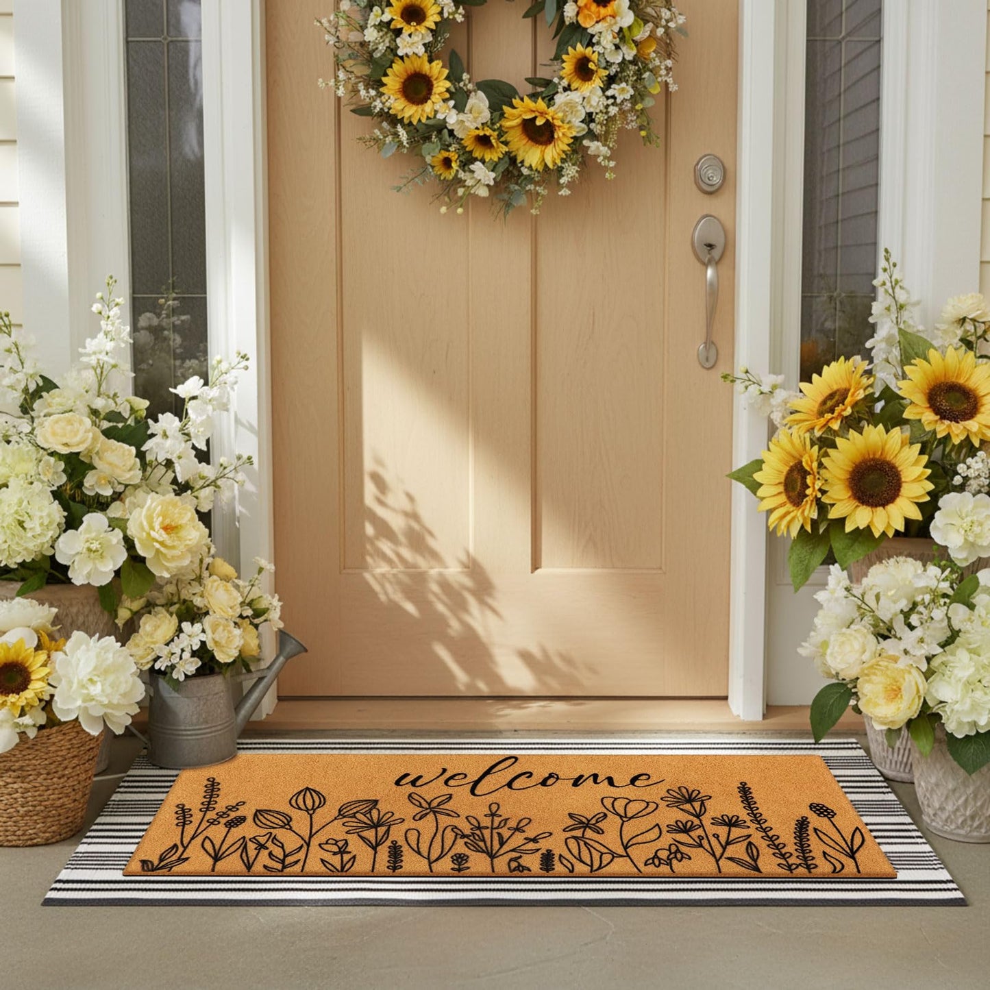 Tinideya 2 Pcs Summer Door Mat 17"x47" Wildflowers Welcome Non Slip Spring Coir Mats Black White Plaid Large Floor Layering Flowers Doormats for Front Porch Entryway Decor