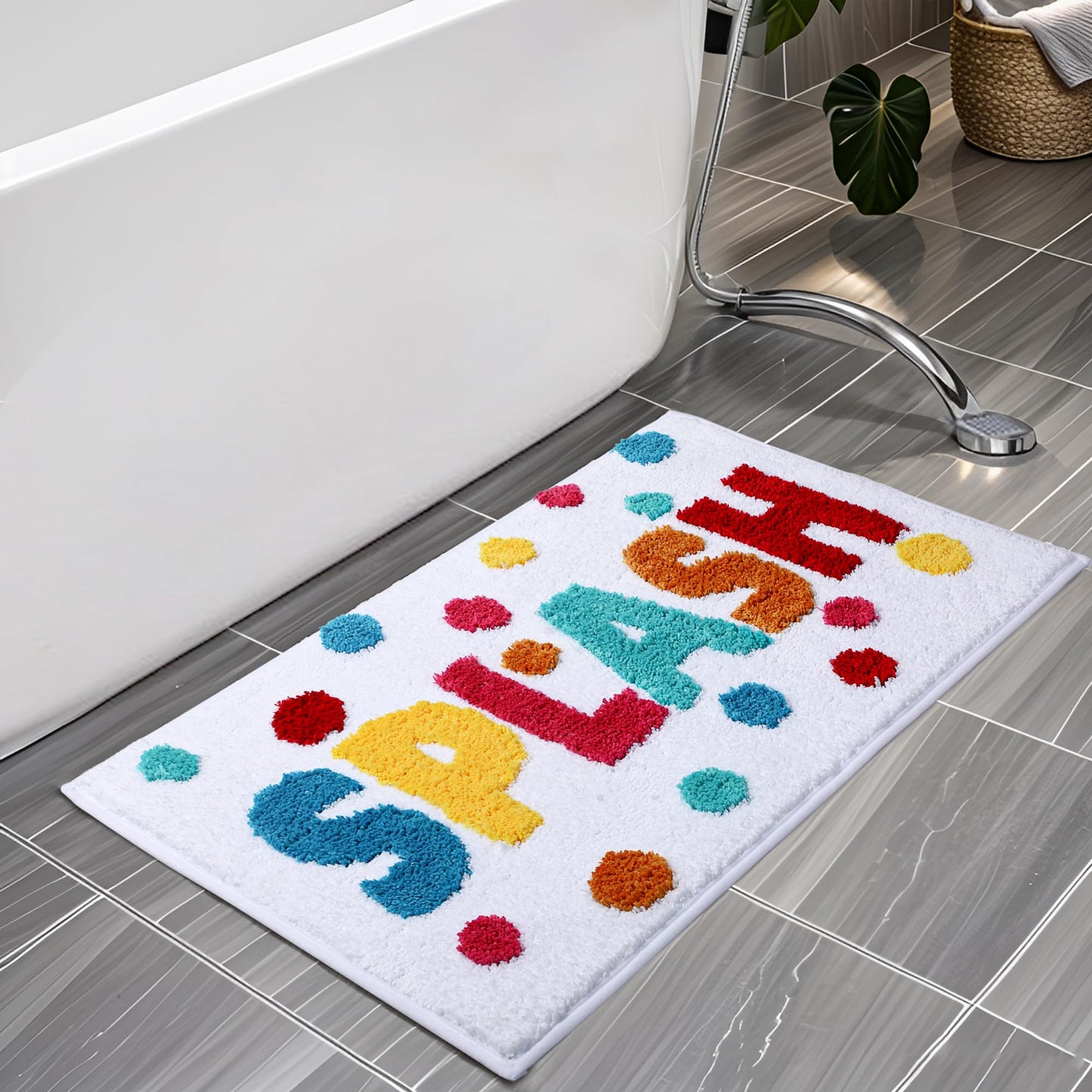 HAIWAOO Splash Bathroom Rug 17x24, Soft Colorful Letter Bath Mat, Absorbent Microfiber Bath Rug with Non Slip Backing, Machine Washable Rug for Kids and Family Bathroom, Tub, Shower, Sink