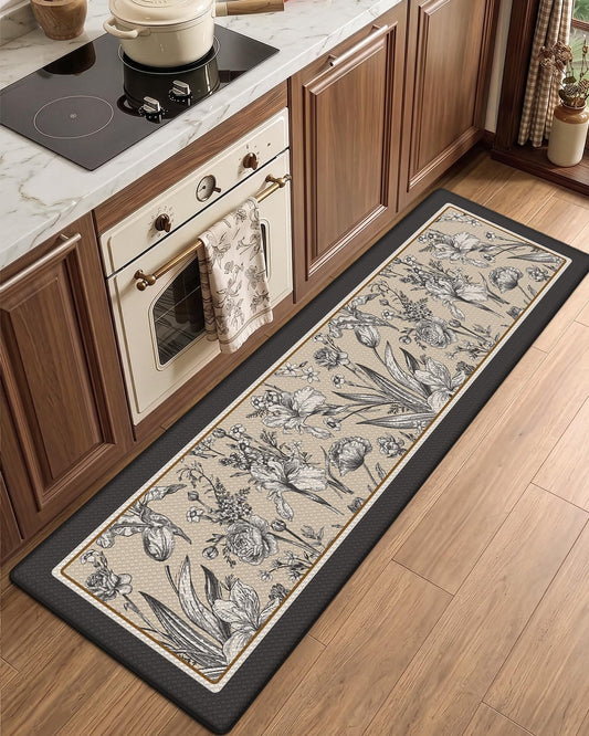 LUMI Kitchen Floor Mats Cushioned Anti Fatigue, 24" x 59" Long Standing Comfort Runner Rug, Memory Foam Padded Mat, Waterproof Rubber Memory Foam Padded for Front Sink Laundry, Cream Black