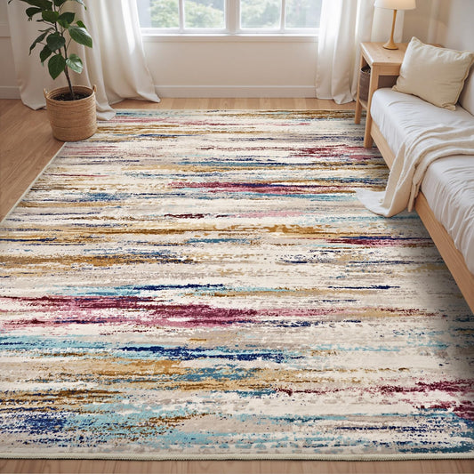 tchdio 5x7 Area Rugs for Living Room, Colorful Modern Abstract Area Rug, Washable Kids Rugs for Playroom, Non Slip Soft Nursery Rug, Stain Resistant Large Carpet for Bedroom, Multi Color
