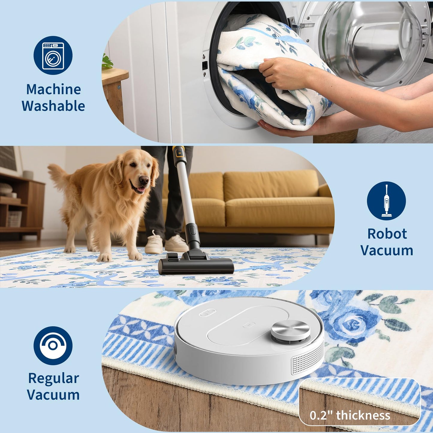 GarveeHome Floral Bow Rugs for Bedroom Girls, 5x7 Area Rugs for Living Room with Soft Low Pile, Non Slip Blue and White Washable Rug 5x7 for Nursery Kids Playroom Dining Room College Dorm Rug