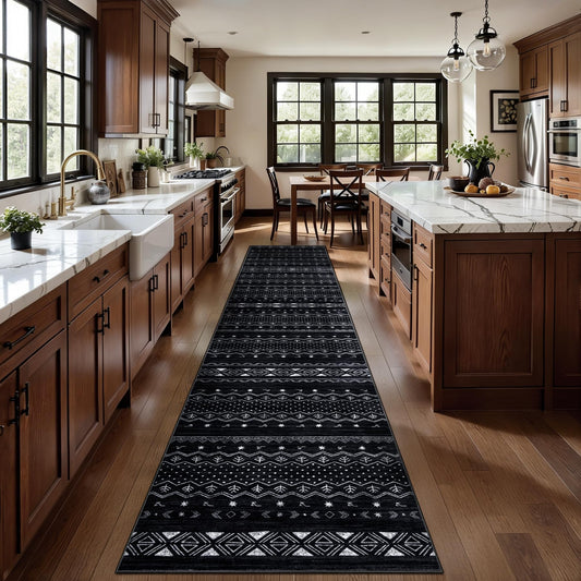SERISSA Hallway Runner Rug, 2x10 Washable Non-Slip Black and White Runners for Hallways, Soft Low-Pile Boho Geometric Indoor Long Carpet for Kitchen Entryway Laundry Bedroom Bathroom