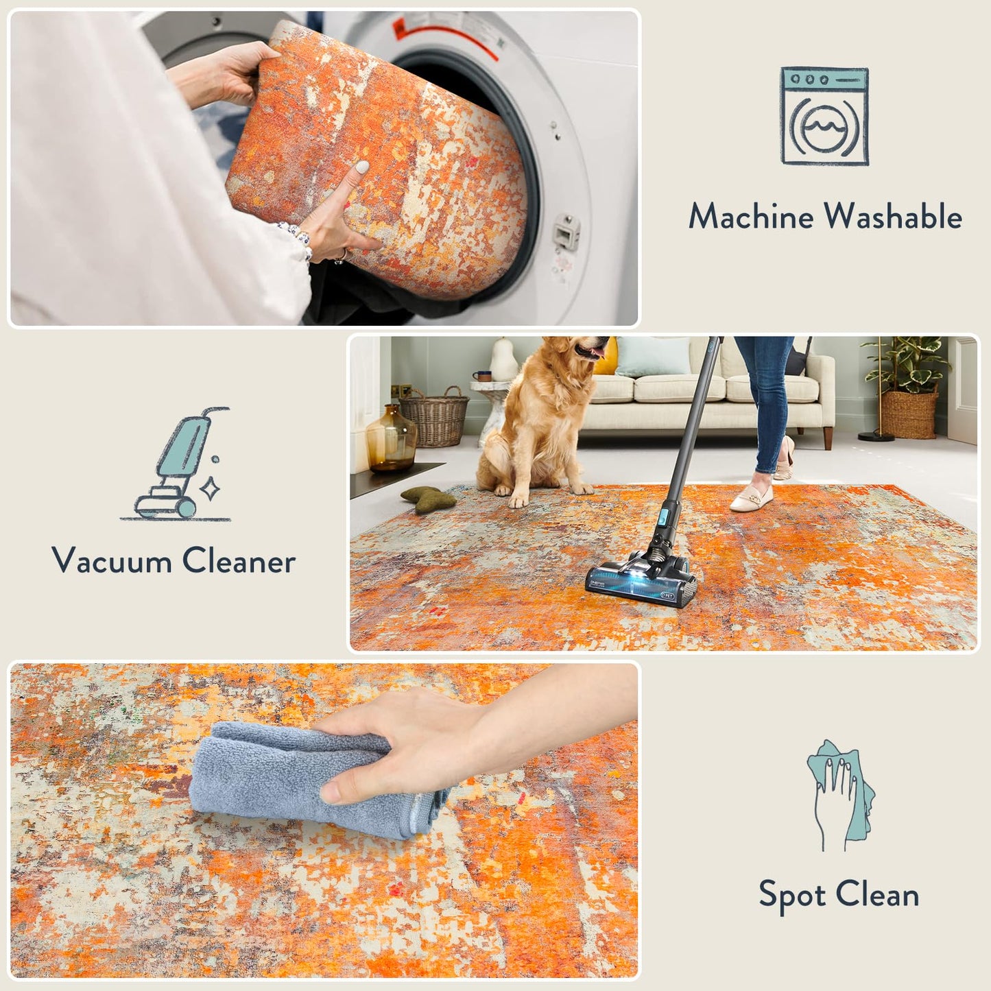 Lahome Modern Abstract Area Rug - Soft 3x5 Rugs for Bedroom Washable Living Room Entryway Rug, Contemporary Non Slip Indoor Accent Carpet for Nursery Office Kitchen Bathroom, Orange/Yellow