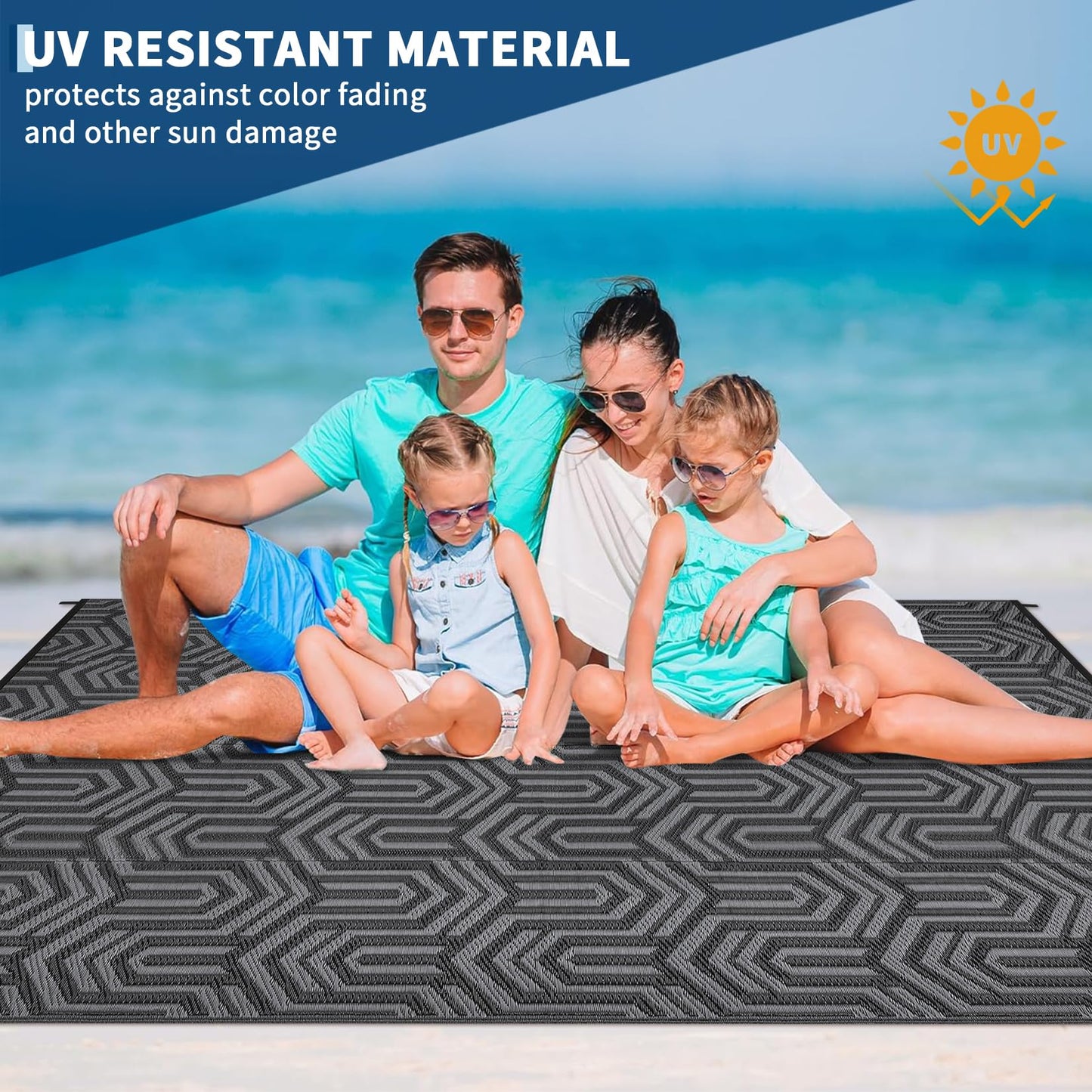 MilleLoom 9x12 Outdoor Rug Waterproof Foldable Plastic Straw Carpet for Patio Porch Abstarct Line Reversible Mat Lightweight Floor Mat for Picnic, Backyard, Rv, Beach, Deck, Camper, Balcony，Black/Grey
