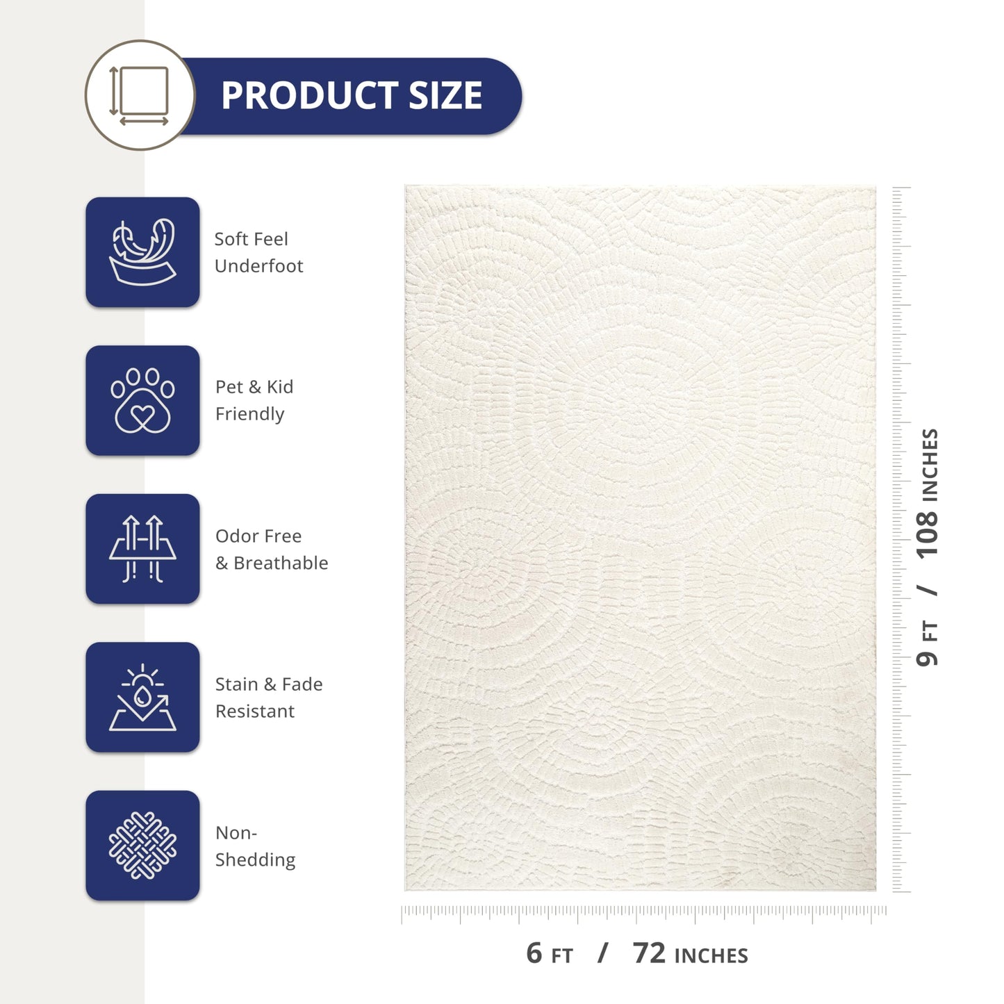 Abani Cozy Cream Area Rug for Living Room, Bedroom - Textured Floral Circle Pattern - 6' x 9' - Durable & Easy to Clean