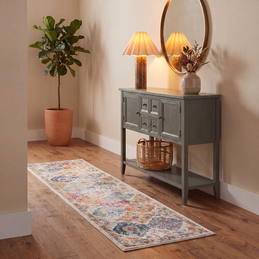 SAFAVIEH Madison Collection Runner Rug - 2'3" x 12', Cream & Multi, Boho Chic Distressed Design, Non-Shedding & Easy Care, Ideal for High Traffic Areas in Living Room, Bedroom (MAD611B)