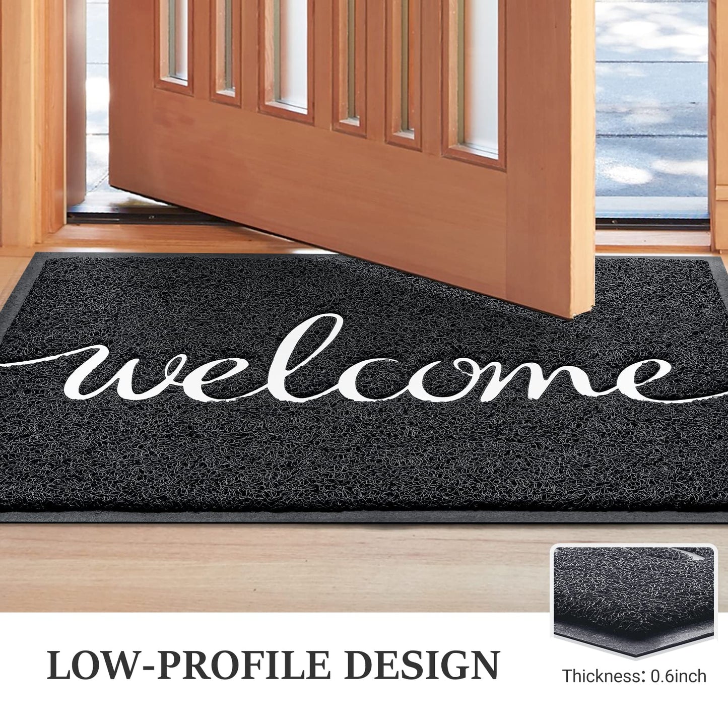 BeneathYourFeet Door Mat, Welcome Mat Low Profile Floor Mat Front Doormat Indoor and Outdoor Doormat Non Slip Rugs for Entryway, Patio, High Traffic Areas (36"x24", Black-Welcome)