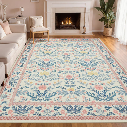 Joydeco Pink Area Rugs 8x10 for Living Room, Washable Cute Boho Floral Kids Girls Baby Room Nursery Rug Non Slip, Thin Soft Indoor Floor Large Carpet for Bedroom Playroom Home Dorm Decor