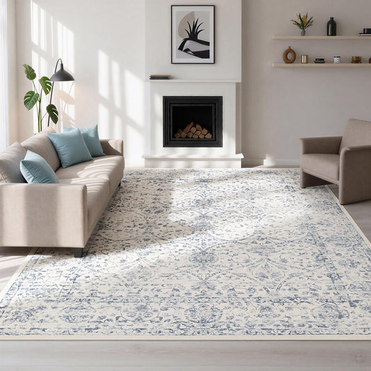 Lbris Washable Rugs 8x10 Area Rugs for Living Room- Large Vintage Rugs for Bedroom,Dining Room,Ultra Soft Low Pile Foldable Carpet with Non Slip Rubber Backing,Neutral Accent Rug(White-Blue)